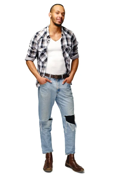 Afrikanisch-amerikanischer junger Mann trägt lässiges Hemd über weißem Hintergrund — Stockfoto