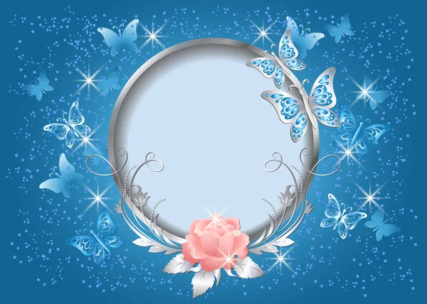 Luxurious Silver Butterflies Pink Rose Decorative Frame Glowing Stars Background — Stock Vector