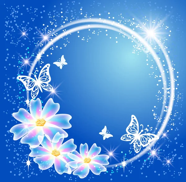 Leuchtend Blauer Hintergrund Mit Rundem Rahmen Transparenten Blumen Schmetterling Und — Stockvektor