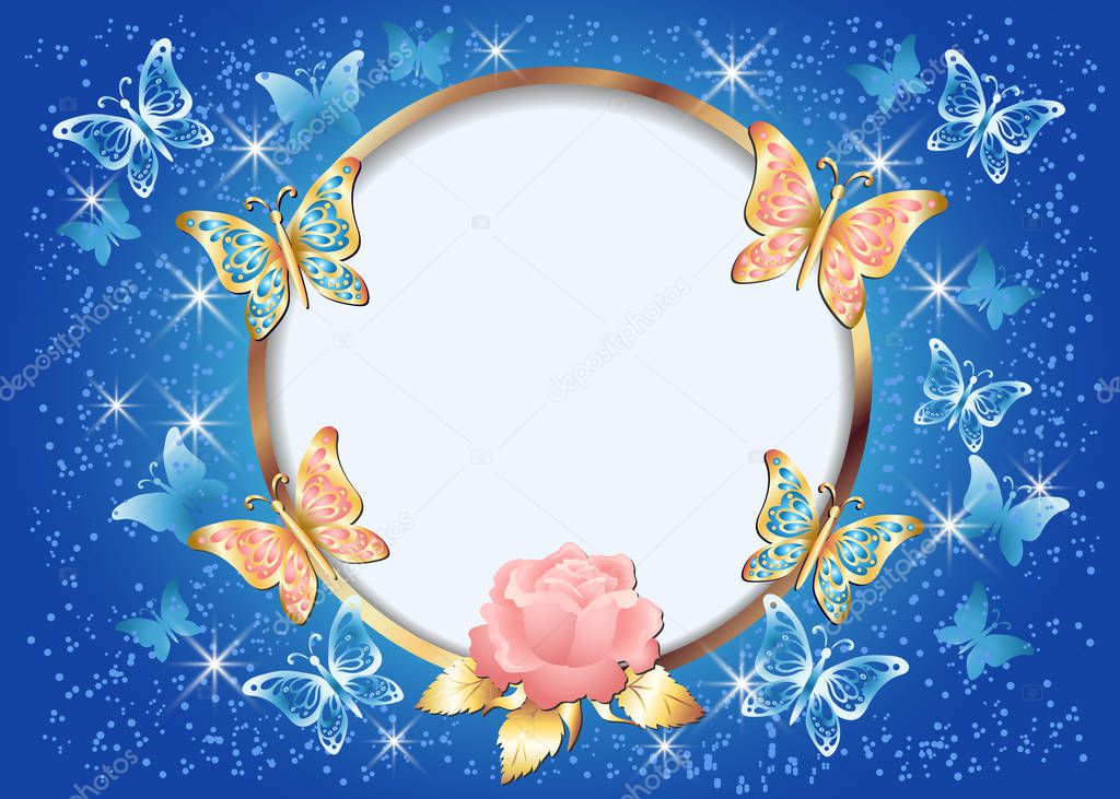 Luxurious golden butterflies and pink rose with decorative round frame on glowing stars background