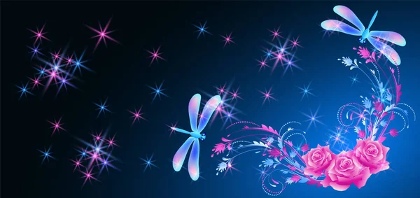 Neon Dragonfly Corner Ornament Roses Shiny Smoke Glowing Stars — Stock Vector