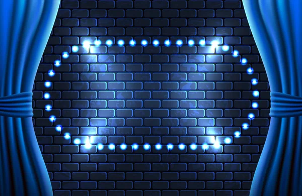 Scéna Otevřít Záclony Retro Svítící Žárovky Rám Proti Dekorativní Zdi — Stockový vektor