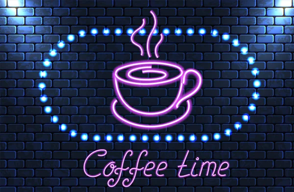 Neonowy Szyld Świecące Filiżanki Kawy Napis Coffee Time Mur Dla — Wektor stockowy