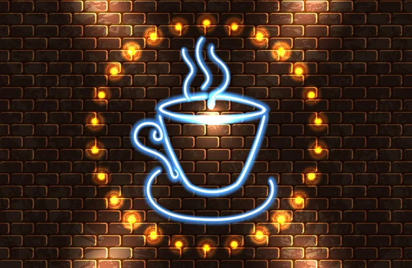 霓虹灯招牌与发光咖啡杯和题词 咖啡时间 在砖墙上的广告咖啡馆或酒吧复古风格 — 图库矢量图片