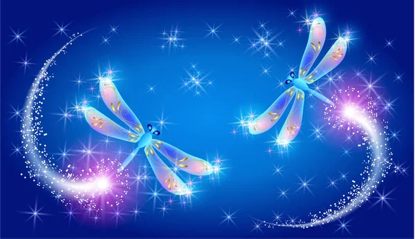 Flying Two Dragonflies Sparkle Blazing Trail Glowing Stars — Stock Vector