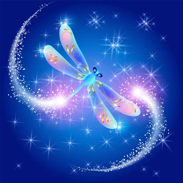 Fliegende Libelle Mit Funkeln Und Glühender Spur Und Leuchtenden Sternen — Stockvektor
