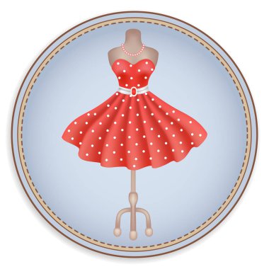 Etiket veya etiket lekeli yuvarlak çerçeve içinde retro tarzı moda kırmızı elbise görüntü ile