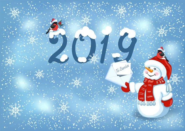 Рождественская Открытка Смешным Снеговиком Шапке Санты Рождественским Письмом Санта Клауса — стоковый вектор