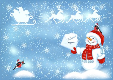 Noel kartı ile gökyüzünde uçan ren geyiği ekibi ile kızak kış kar arka plan, bullfinches ve Noel Baba Noel Baba için harf ile Noel Baba şapkalı komik kardan adam.
