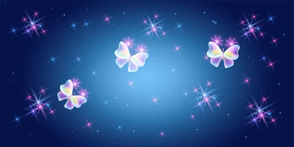 Fantasía Fondo Mágico Con Estrellas Brillantes Cósmicas Fabulosas Mariposas — Vector de stock
