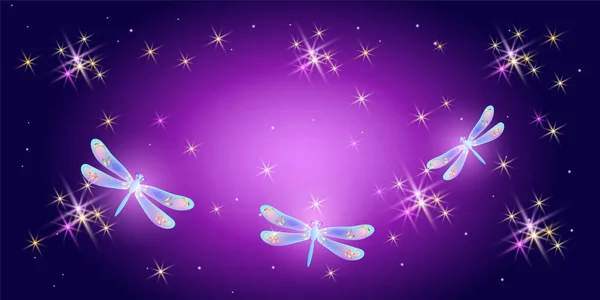Fantasía Fondo Mágico Con Estrellas Brillantes Cósmicas Fabulosas Libélulas — Vector de stock