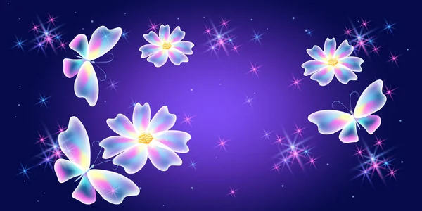 Fantasy Magical Background Flowers Cosmic Sparkle Stars Fabulous Butterflies — Stock Vector