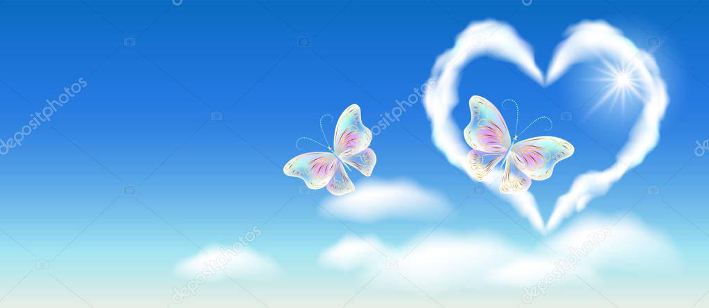 Cloud heart in the blue sky and fantasy transparent butterflies with golden ornament