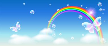 Rainbow sihirli kelebek mavi gökyüzünde ve kabarcıklar ile 