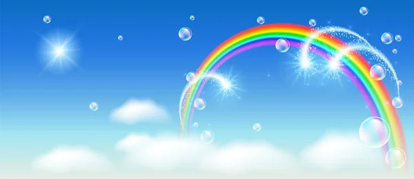 Regenboog Met Vuurwerk Wolken Blauwe Lucht Bubbels — Stockvector