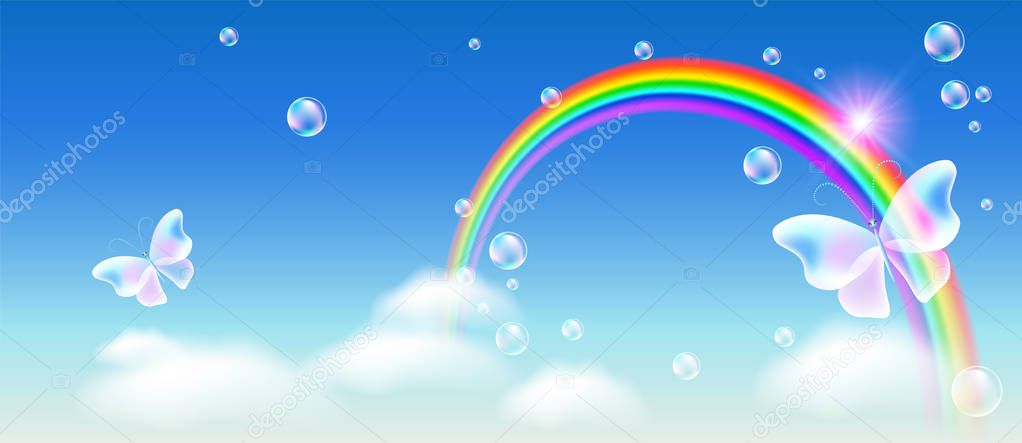 Rainbow with magic butterfly in the blue sky and bubbles 