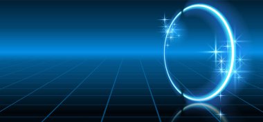 Fantastik arka plan ile neon geometrik dairesel çizgi, ışıltı yıldız ve başka bir boyuta alanı portal