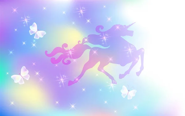 Unicornio Galopante Con Lujosa Melena Fondo Del Universo Iridiscente Con — Vector de stock