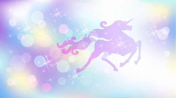 飞驰的独角兽与奢华的缠绕鬃毛的背景下闪闪发光的星星的彩虹宇宙 — 图库矢量图片