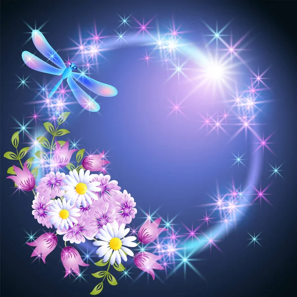 Neon Kerek Keret Virágokkal Szitakötő Rét Daisy Harangok Ragyogó Csillagok — Stock Vector