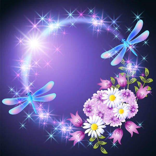 霓虹灯圆框架与蜻蜓和草甸雏菊和响铃花与发光的星 — 图库矢量图片