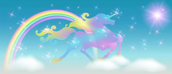 Arco Iris Cielo Las Nubes Unicornio Galopante Con Lujosa Melena — Vector de stock