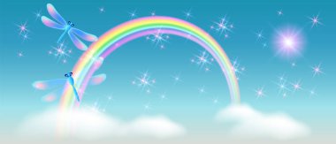 Rainbow ile mavi gökyüzünde ve ışıltı yıldız sihirli yusufçuk