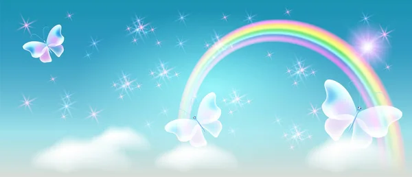 彩虹与神奇的蝴蝶在蓝天和闪耀的星星 — 图库矢量图片