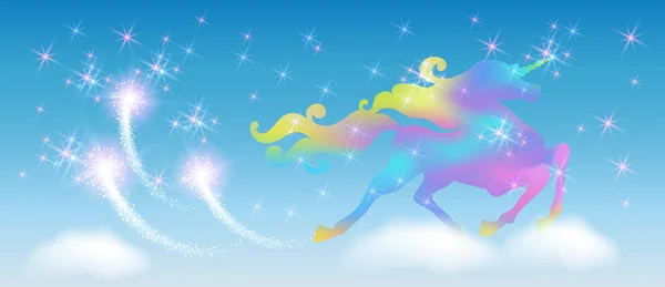 Unicorno Galoppante Nel Cielo Delle Nuvole Con Lussuosa Criniera Tortuosa — Vettoriale Stock
