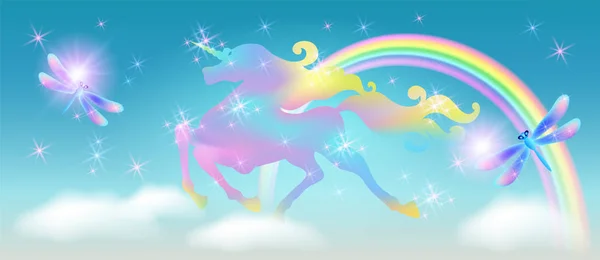 Pelangi Awan Langit Dan Berderap Unicorn Dengan Surai Berkelok Kelok - Stok Vektor
