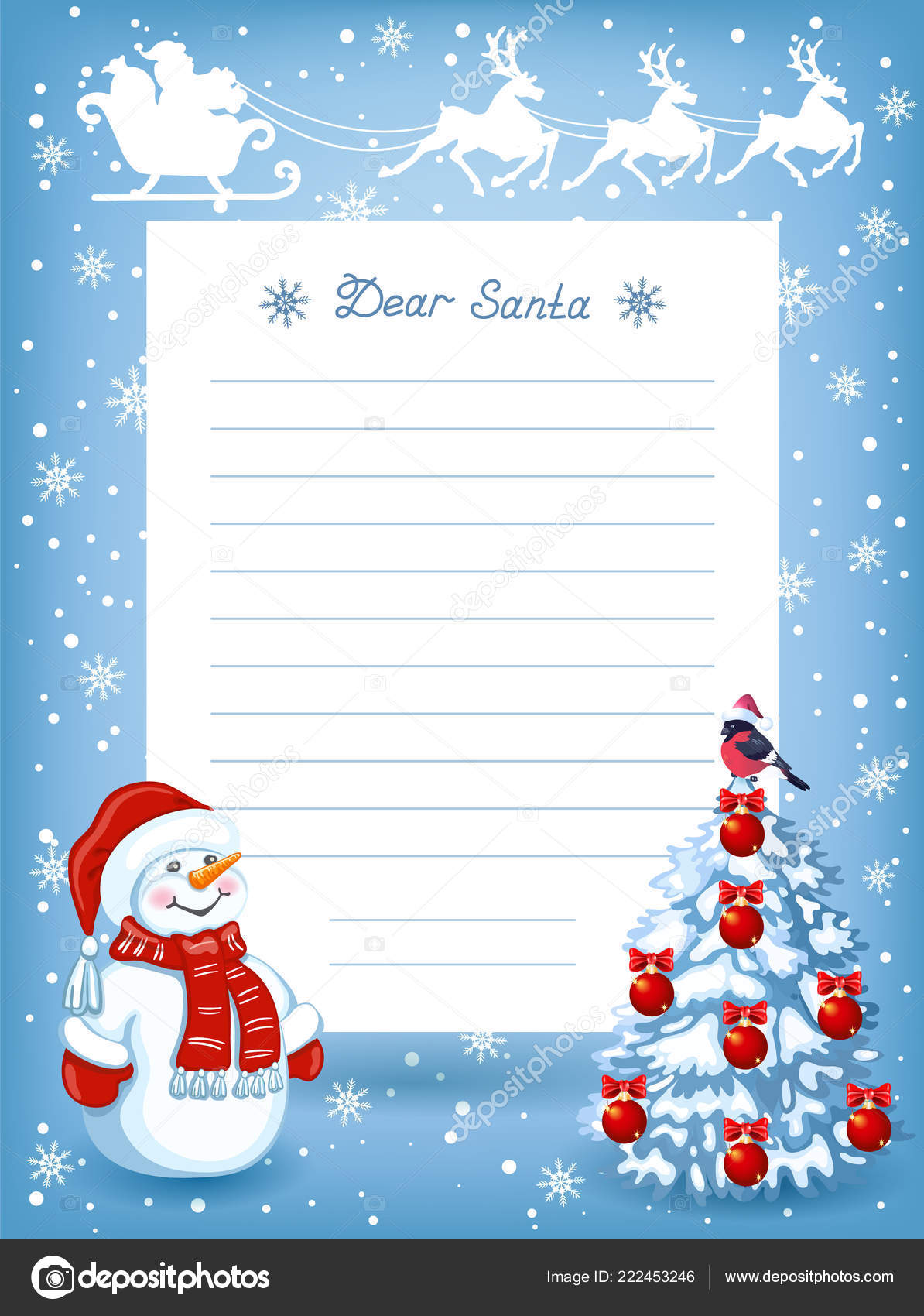 レイアウトは サンタ クロースへの手紙し 赤いサンタ帽子 モミの木とそりで空飛ぶトナカイ チームの面白い雪だるまを漫画 ストックベクター C Marisha