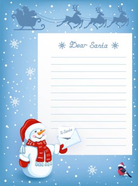 Noel Baba ile düzen mektup Noel Baba ve gökyüzünde uçan ren geyiği ekibi ile kızak için Noel mektubu ile komik kardan adam çizgi film