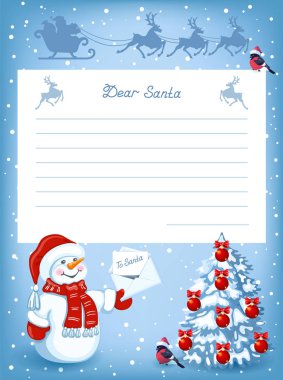 Düzen Noel Baba'ya mektup ve Noel mektubu ile komik kardan adam Noel Baba'yı, çam ağacı ve kızak gökyüzünde uçan ren geyiği ekibi ile çizgi film