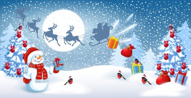  Kardan adam kış orman geri karşı hediye kutuları ile Noel Baba şapkalı