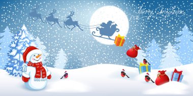  Kardan adam kış orman geri karşı hediye kutuları ile Noel Baba şapkalı