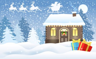 Tuğla ev ve Noel Baba'nın atölye ve hediye kutuları kış orman arka plan ve Noel Baba karşı kızak ay gökyüzünde uçan ren geyiği ekibi ile Noel kartı. Yeni yıl tasarım Kartpostalı.
