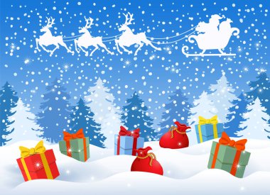 Kış orman arka plan ve Noel Baba hediye kutularına gökyüzünde uçan ren geyiği ekibi ile kızak ile Noel kartı. Yeni yıl tasarım Kartpostalı.