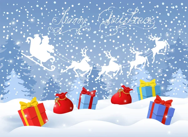 Рождественская Открытка Подарочными Коробками Фоне Зимнего Леса Санта Клаус Санях — стоковый вектор