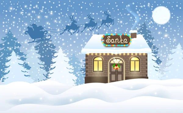 Χριστουγεννιάτικη Κάρτα Τούβλο Σπίτι Και Εργαστήρι Του Βασίλη Εναντίον Χειμώνα — Διανυσματικό Αρχείο
