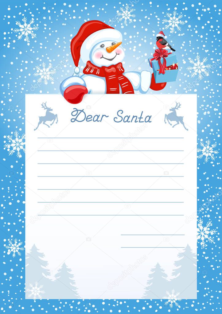Layout letter to Santa Claus with wish list and cartoon funny Snowman with Christmas gift box and bullfinch