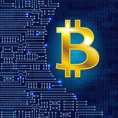 İkili kod arkaplanı ve elektronik devre üzerindeki bozuk paranın sanal sembolü. Kripto para birimi.