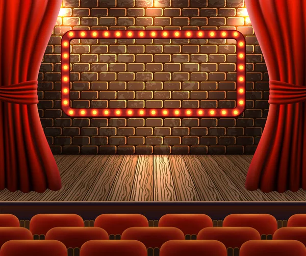 Αίθουσα Συναυλιών Σειρές Από Καρέκλες Σκηνή Ανοιχτό Κουρτίνες Και Πινακίδα — Διανυσματικό Αρχείο