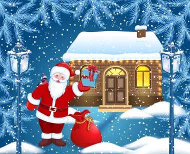 Artoon Noel Baba Noel kartı ve kırmızı çanta ve Hediyelik kutu elini ve onun omuz tuğla ev ve kış orman arka plan ve vintage streetlamps karşı şakrak kuşu