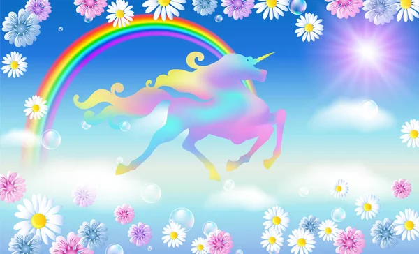 Arco Iris Cielo Las Nubes Unicornio Galopante Con Lujosa Melena — Vector de stock