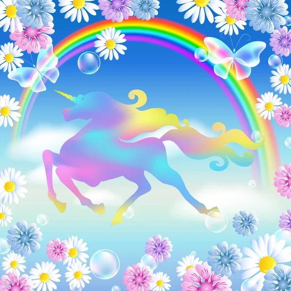 Arco Iris Cielo Las Nubes Unicornio Galopante Con Lujosa Melena — Vector de stock