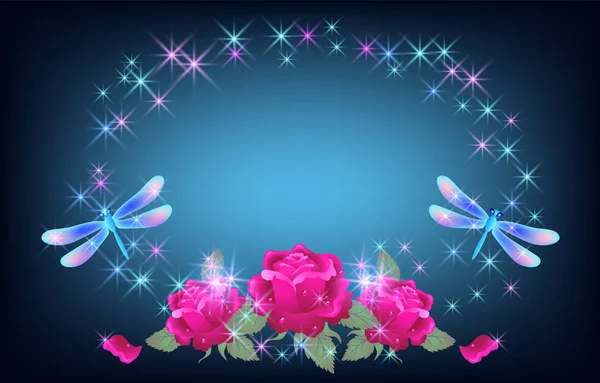 Cadre Ovale Étincelant Avec Libellule Roses Roses Aux Étoiles Brillantes — Image vectorielle
