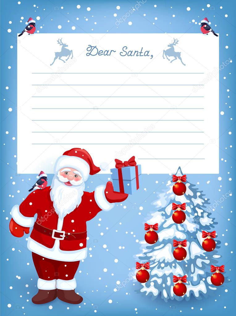 Cartoon funny Santa Claus with gift box and layout letter with list wish to Santa Claus and fir tree with christmas balls 