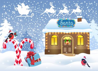 Noel Baba evi atölye, şeker kamışı ve hediye kutusunda karşı kış orman arka plan ve Noel Baba Ren geyiği ekibi ile kızak ile Noel kartı. Yeni yıl tasarım Kartpostalı.