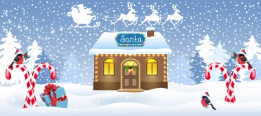 Noel Baba evi atölye, şeker kamışı ve hediye kutusunda karşı kış orman arka plan ve Noel Baba Ren geyiği ekibi ile kızak ile Noel başlık. Yeni yıl tasarım Kartpostalı.