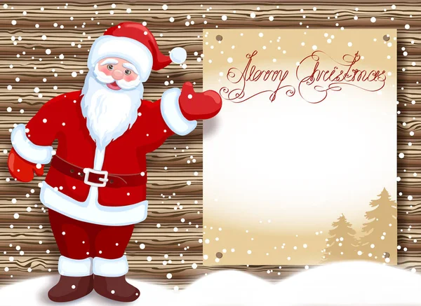 漫画サンタ クロース サンタ クロースまたは木造の壁の背景とお祝いのポスターに対して発表プレゼンテーション レイアウト文字リスト願いのお祝いクリスマス背景を保持します — ストックベクタ